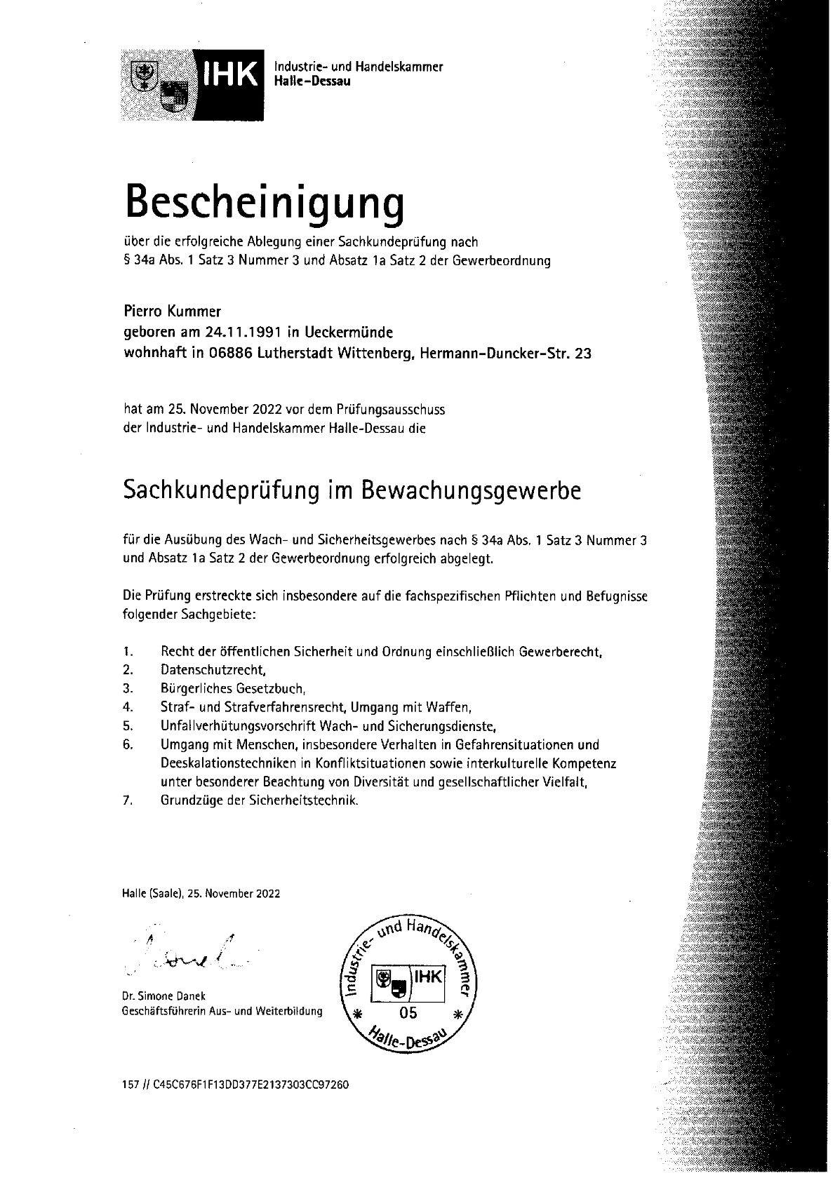 Zertifikat Sachkundeprüfung §34a